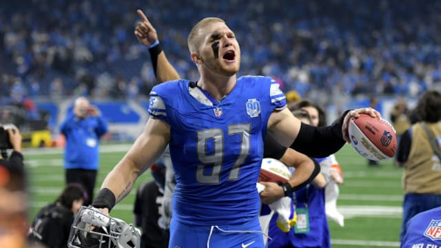 Detroit Lions defensive end Aidan Hutchinson celebrates a victory over the Los Angeles Rams.